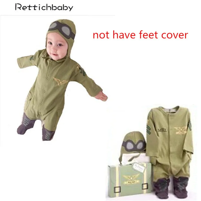 

Baby Boys Pilot Costume Air Force Captain Army Green Long Sleeve Romper with Hat Infant Toddler Clothing Roupas Infantil