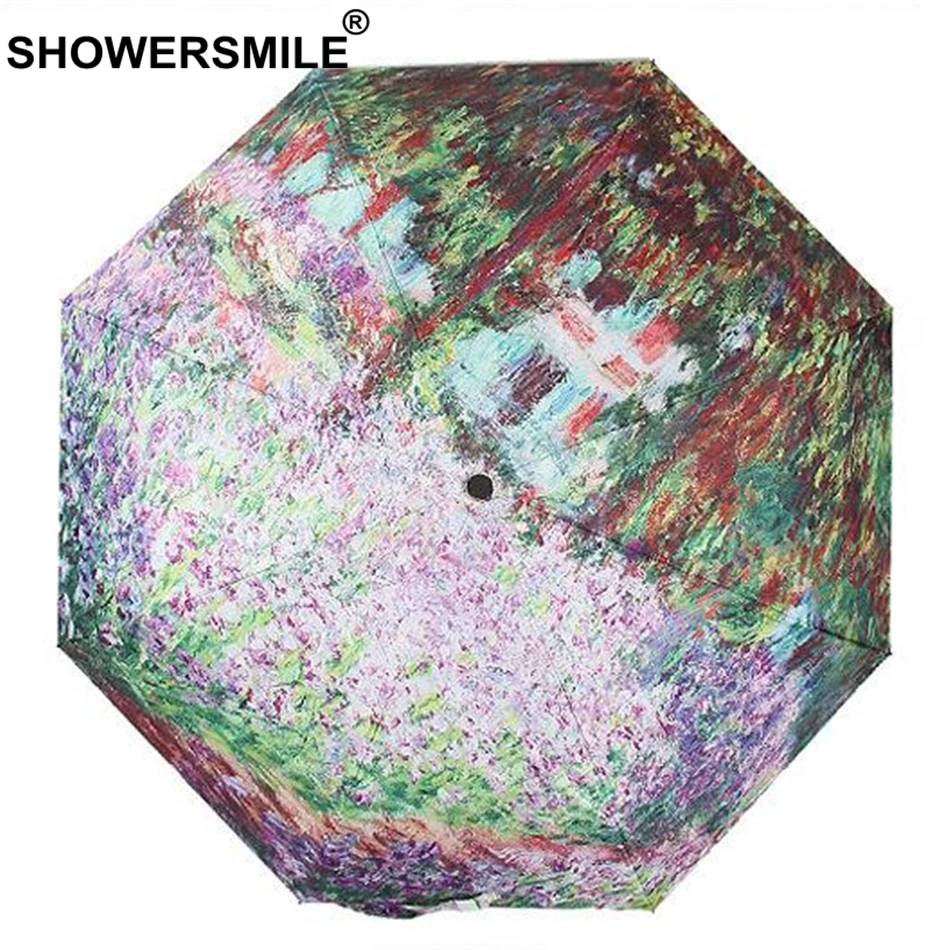 

SHOWERSMILE Oil Painting Umbrella Art Print Women Painted Parasol Pongee Sliver Coating Lavender Uv Summer Patterned Umbrella