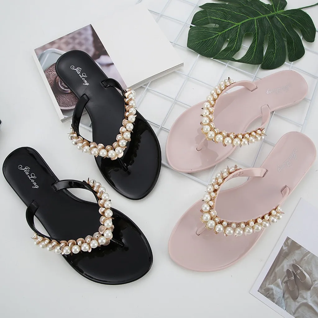 

Women Beach Slippers Flip Flops Sandals Pearl Fashion Slippers Flats Shoes