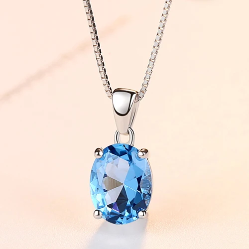 Synthetic Sky Blue Topaz  Sterling Silver Necklace For Women Classic Oval Stone Pendant Chian Wedding Fine_voghion.com