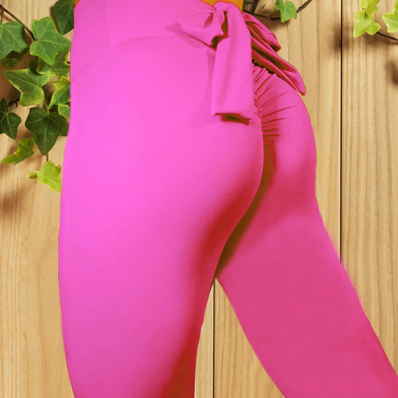 Новинка, Леггинсы для йоги, для женщин, для тренировки, для резинки, для попки, штаны с высокой талией, пуш-ап, с бантом, узкие брюки, эластичные, обтягивающие, узкие брюки - Цвет: Розовый