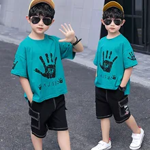 Г. Летняя футболка с короткими рукавами для больших мальчиков+ джинсы спортивные комплекты из 2 предметов модная детская одежда новые летние костюмы для мальчиков