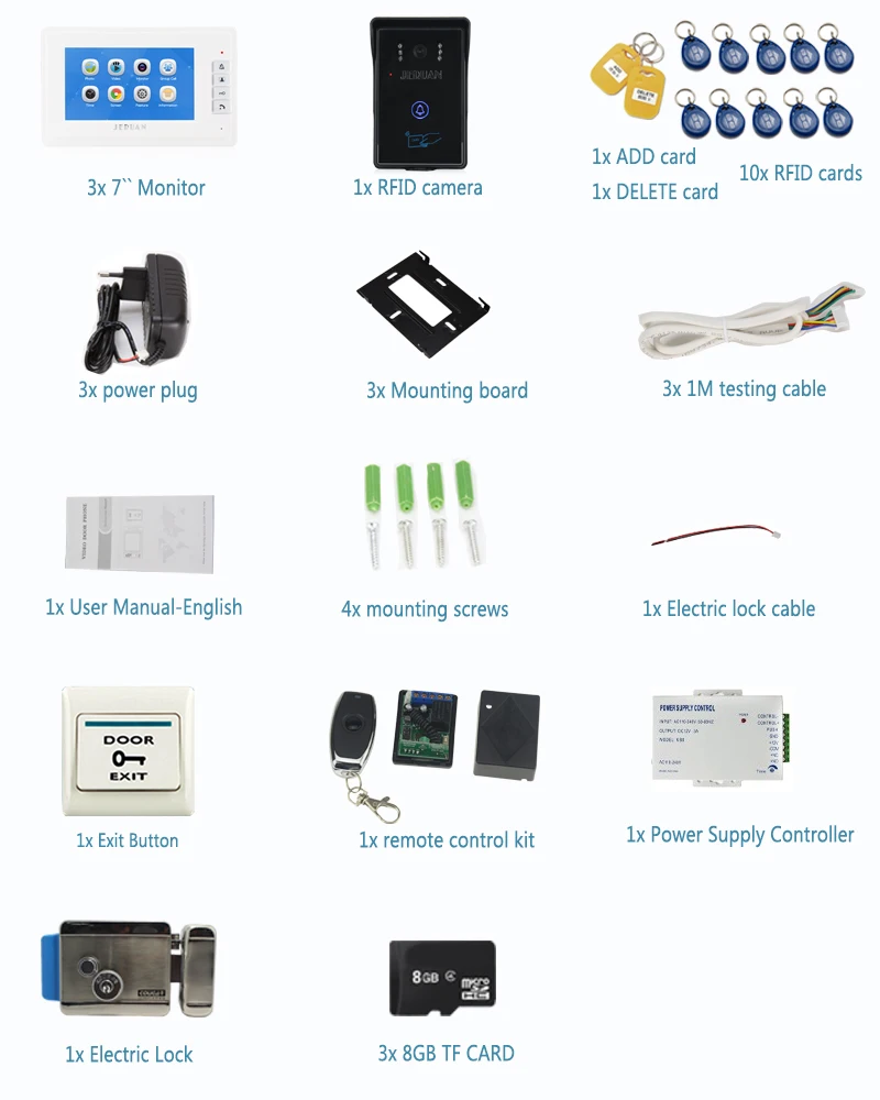 JERUAN 7 дюймов ЖК-дисплей видео-телефон двери дверной звонок видео/голос Запись домофон Системы комплект Водонепроницаемый RFID Доступа Камера