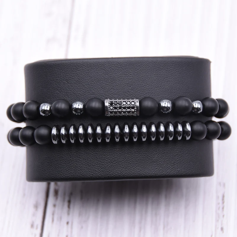 

2pcs/set Micro Pave CZ Long square Charms Bracelets for men women 8mm Matte beads stone Bracelet men jewelry gifts
