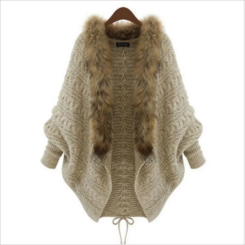 2016 Women Autumn Winter Cardigan Poncho Pull Femme Batwing Sleeve Fashion Loose Knitted Fur Collar Wool Sweater Coat Outwear