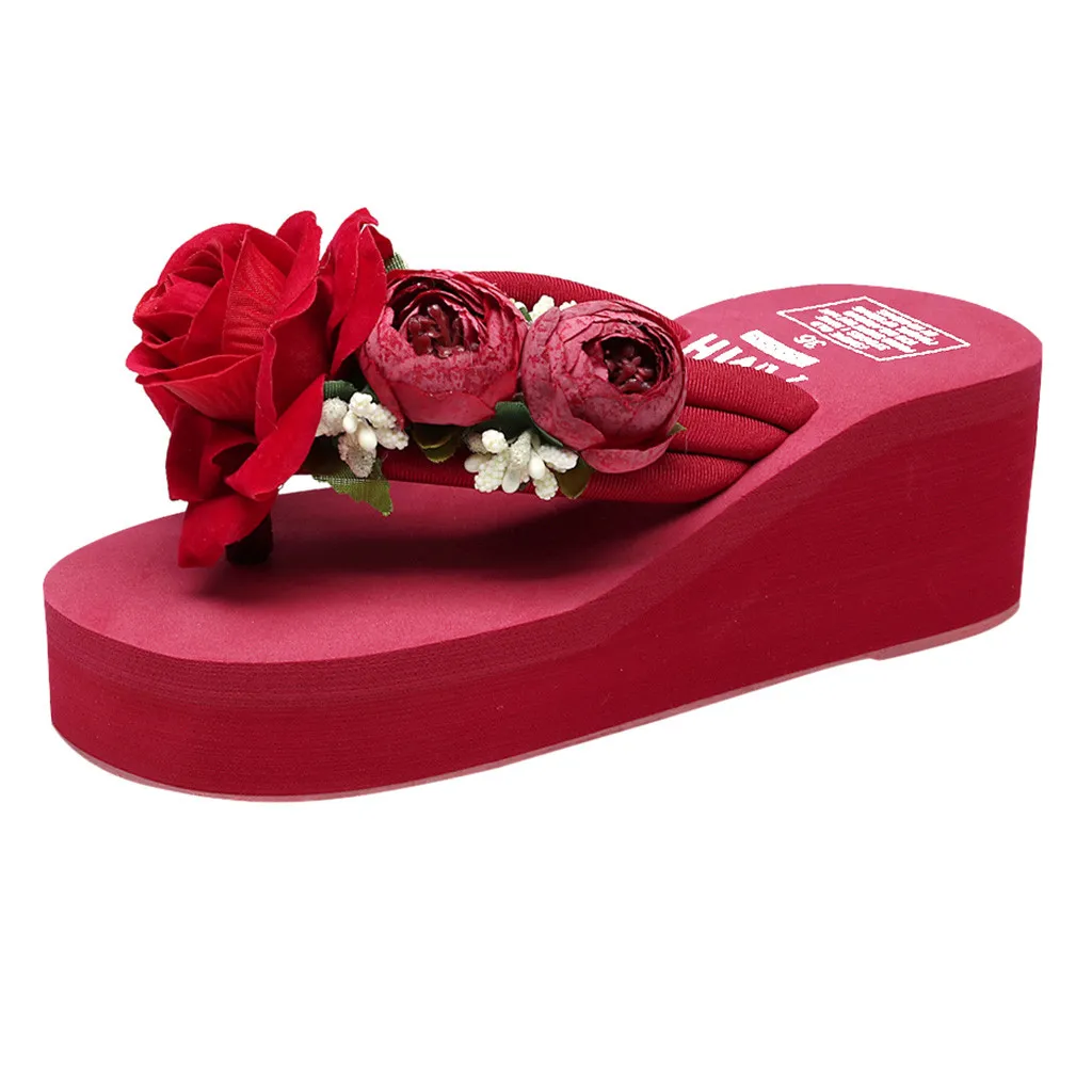 

SAGACE Women's Solid Color Handmade Flower Wedge Heeled Beach Shoes 2019 New Casual Round Toe Wedges Flip Flops Sandals Ja17