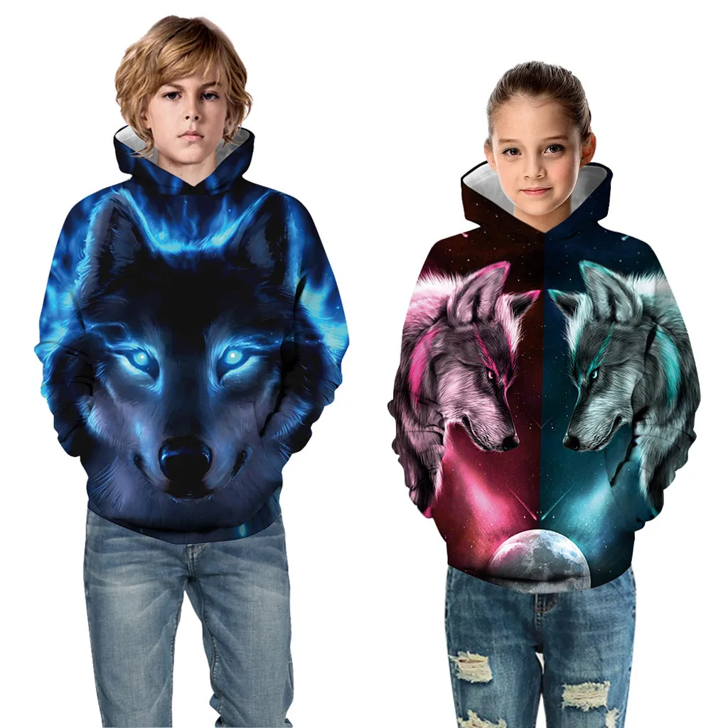 

Spring Autumn Teen clothes Girl Boy long-sleeved digital fox print Cartoon Sweatshirt Pocket Pullover Hoodie sports baseball