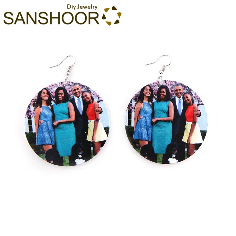 

SANSHOOR 6cm Afro Round Wood Earrings Obama Family Photo Fashion Jewelry Gift for African Black Woman 1 Pair