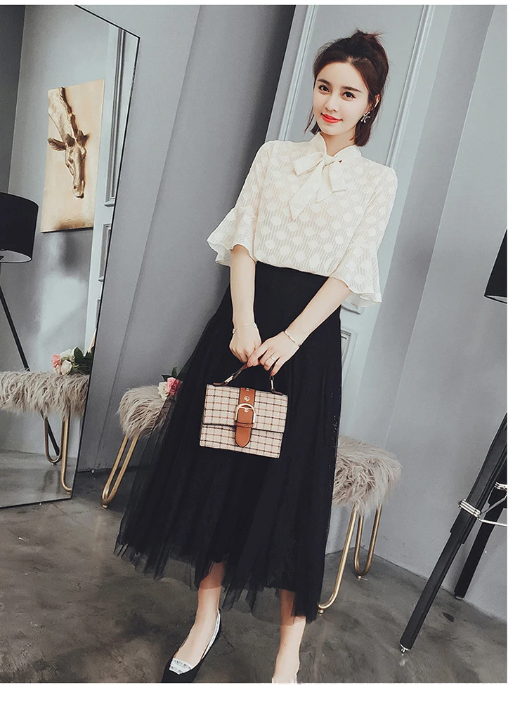 Trumpet Cuff Half Sleeve Bow Neckline Elegant Blouse Black Gauze Skirt Women 2 Piece Set Suit Summer Spring (4)
