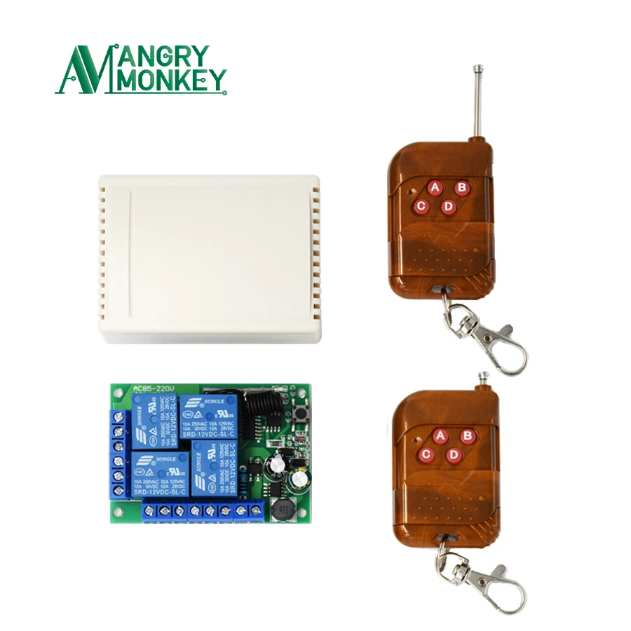 Angry monkey 433 МГц пульт дистанционного управления беспроводной переключатель AC 85V~ 250V 220V 4 CH релейный модуль приемника и 2 шт. 433Mhz управление