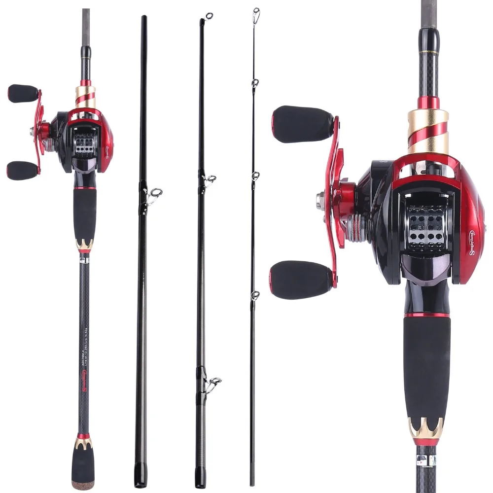 Sougayilang 4 Sections 2.1m Lure Rod and Baitcasting Reel Combo Carbon Sea Spinning Fishing Pole Casting Fishing Rod Wheels Set