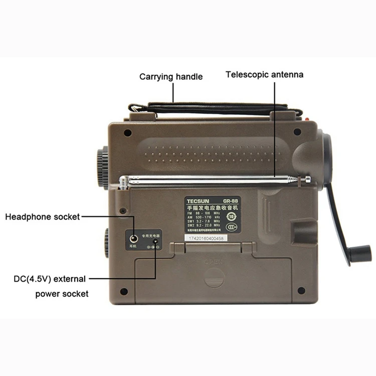 TECSUN GR-88 цифровой радиоприемник аварийный светильник радио Динамо радио со встроенным динамиком ручное питание