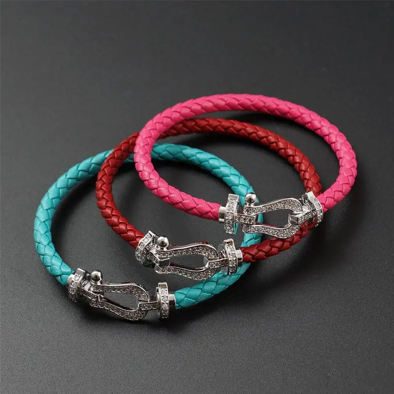 

Genuine Leather Bracelets Bangles Unique Snap Button Stainless Steel Magnetic Buckle CZ Charm Bracelets for Women Brand Jewelry