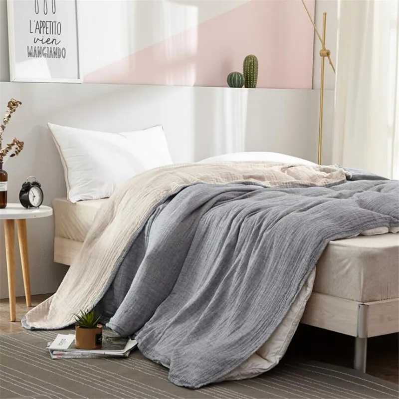 100% Cotton Muslin Blanket Bed Sofa Travel Breathable Summer Soft Throw Blanket 4 Layers Gauze AB Side Bedspread 200*230cm 1
