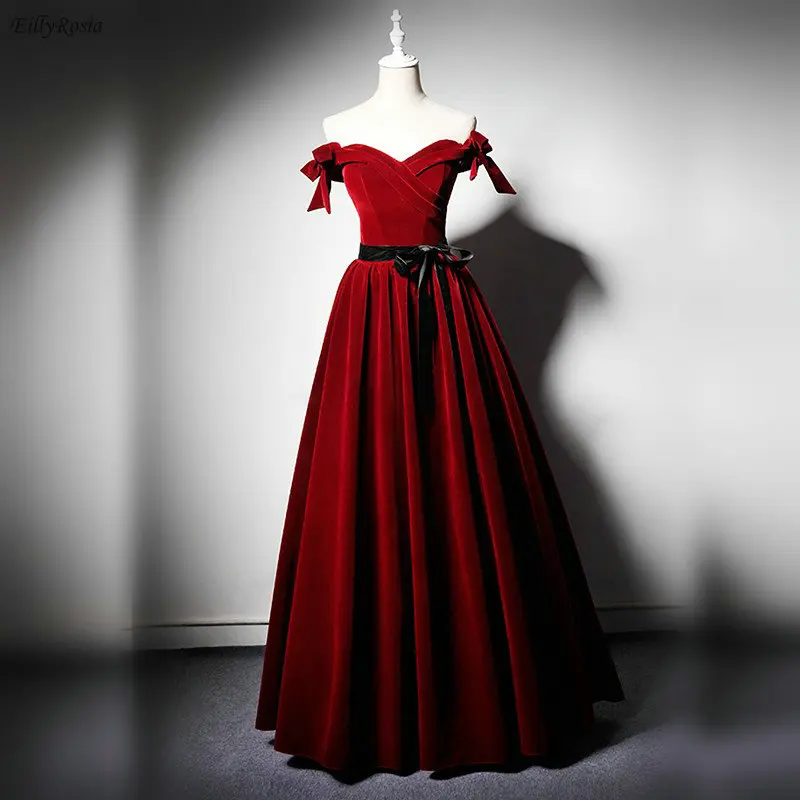 Red Velvet Prom Dresses 2019 Off the Shoulder A Line
