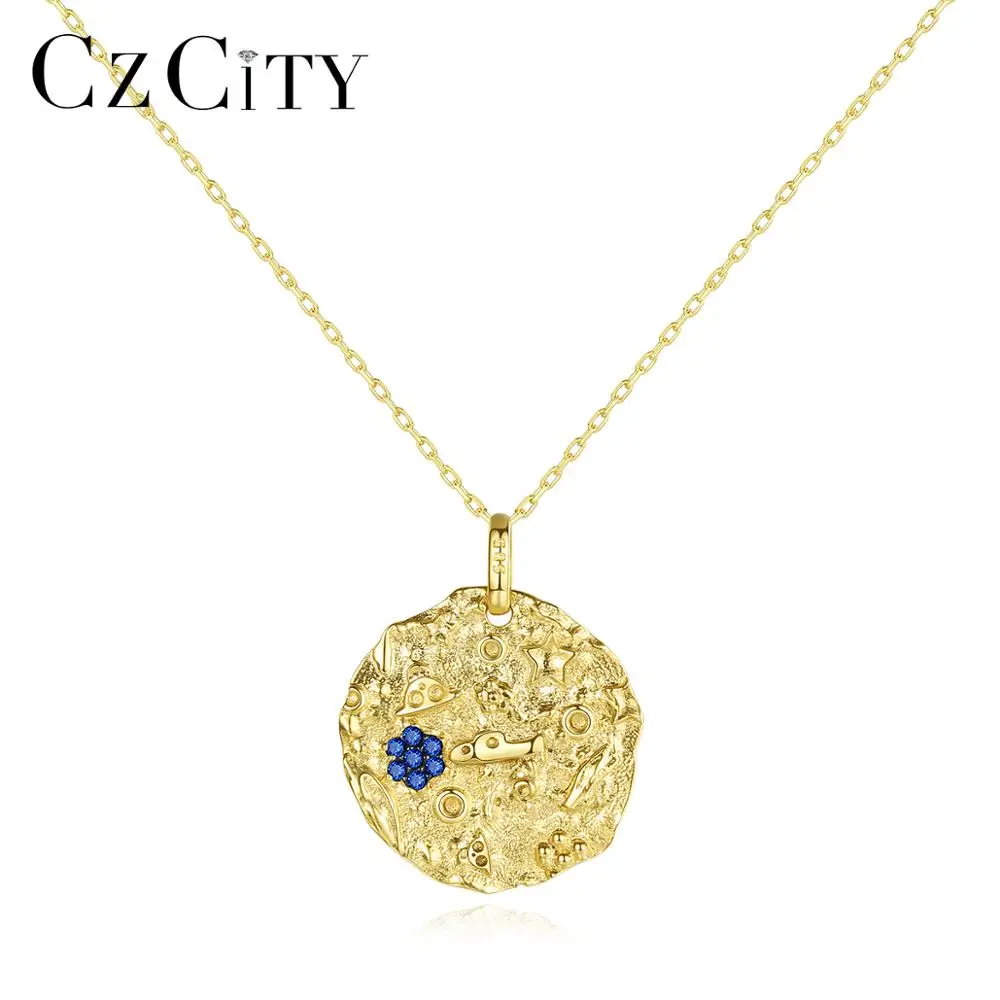 CZCITY Brand Solid Pure 14k Gold Round Pendant Necklaces for Women Blue AAA CZ Yellow Gold Fine Jewelry Gift Au 585 N14138