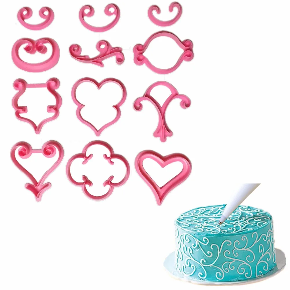 12Pcs Lace Heart Cake Cookies Pastry Fondant Cutter Embossed Decorating Mold DIY