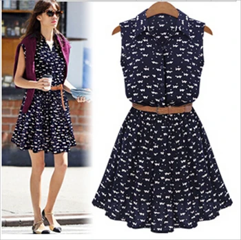 

2018 New Fashion Women Dress Promotion EUROPE Style Women CAT Footprint Sleeveless Thin Mini Dress ,T3287