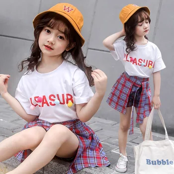 

2020 Spring New 2PCS Kids Girl Clothes Sets Teenage 6 8 10 12 year Casual Solid Cotton Tops T-shirt Plaid Skirt Outfits Summer