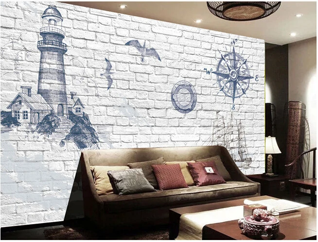 Custom vintage wallpaper, 3D lighthouse, marine boat and brick wall for the living room bedroom TV background wall wallpaper