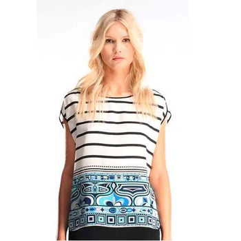 

Beautiful ladies classic striped blouse with short sleeves silk jersey plus size