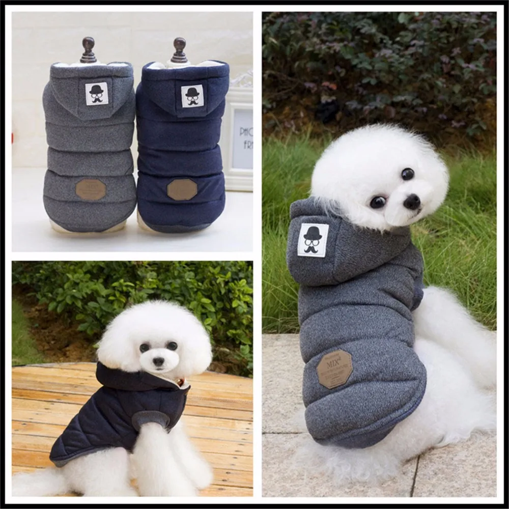 Популярная синяя и серая хлопчатобумажная одежда для домашних питомцев, зимнее мягкое теплое пальто для собак, куртка с капюшоном, классическая одежда для чихуахуа, щенка, маленьких собак, S-XXL
