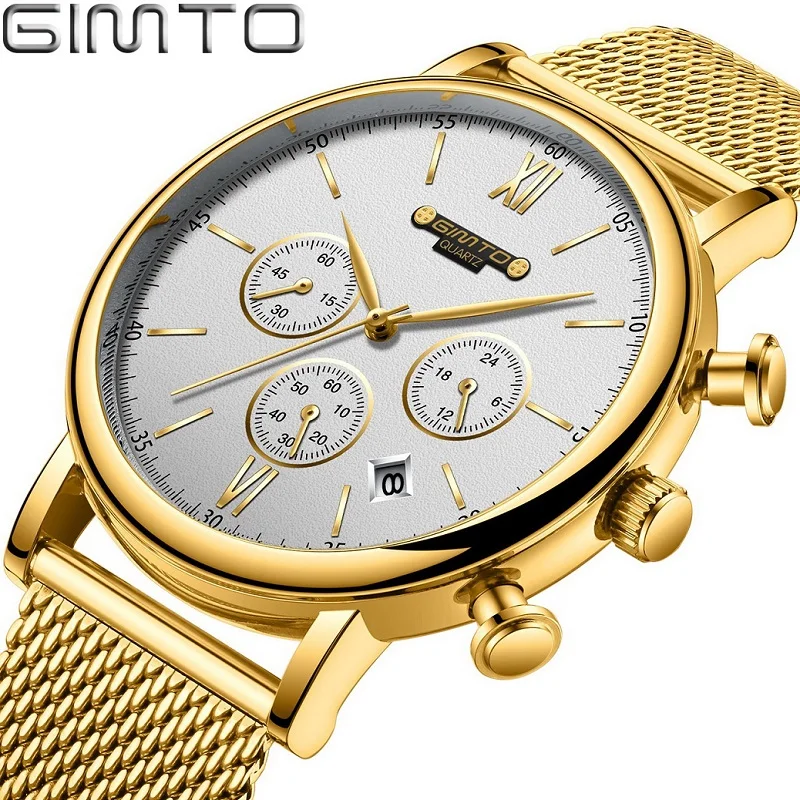 

Luxury Top Brand Gold Men Watch GIMTO Brand Business Dress Male Wristwatch Stop Watch Calendar Golden Stainless Steel Clock