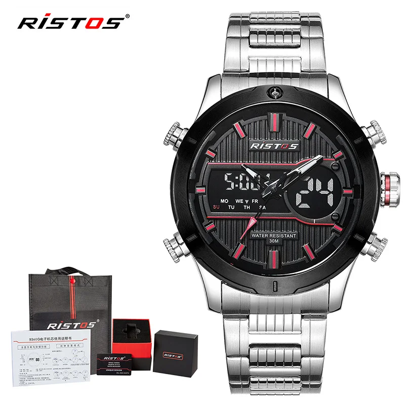 

RISTOS Multifunction Chronograph Watch Men Stainless Steel Sports Watches Analog Wristwatch Man Relojes Masculino Hombre 9360