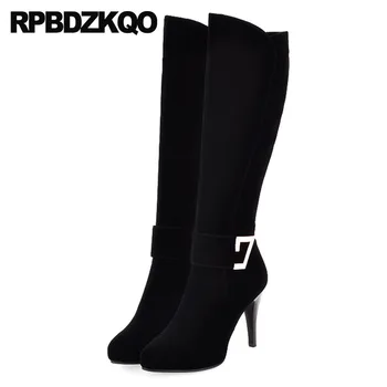 

shoes high heel black sheepskin metal long knee slim brand women winter boots genuine leather sexy pointed toe stiletto designer