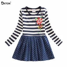 Dxton/зимнее платье для девочек; детское платье с цветочной аппликацией; Одежда для девочек; платье принцессы в полоску с длинными рукавами; платье в горошек для детей