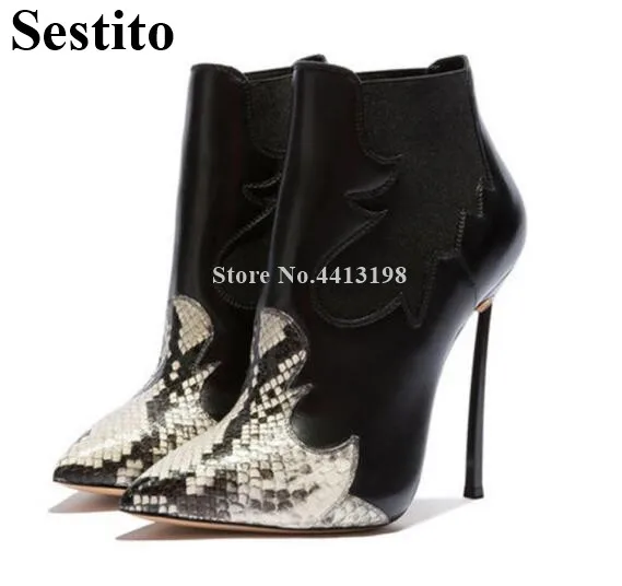 

Sestito Women Boots Sexy Snakeskin Pattern Slip-On Women Boots Pointed Toe Stiletto Heel Mid-Calf Short Boots New Women Shoes