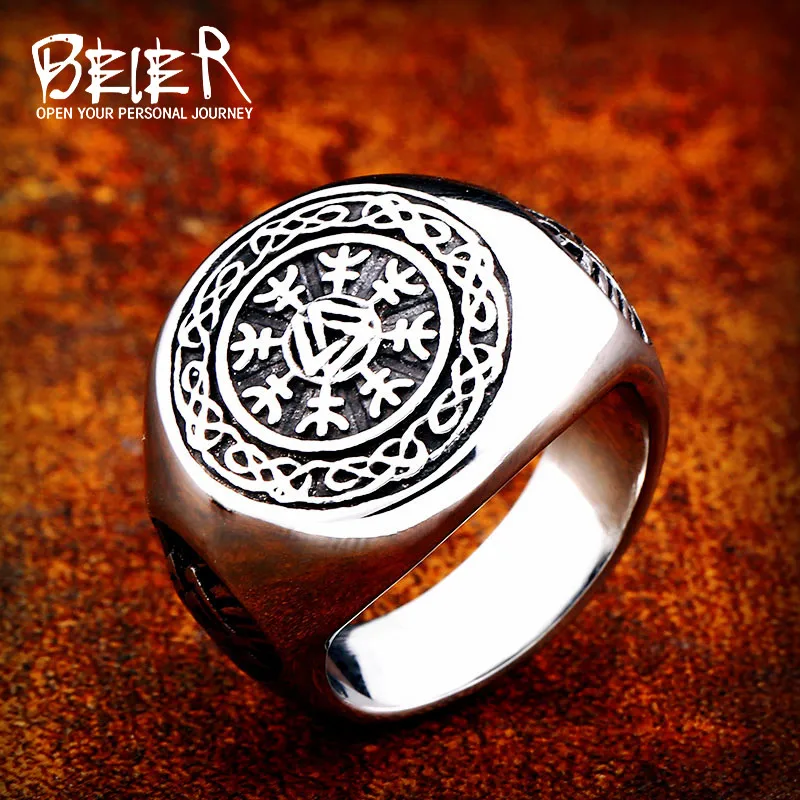 

Beier 316L Stainless steel Norse Viking Nordic Valknut Vegvisir Man Drop shipping wholesale Ring Fashion Jewelry SMR006