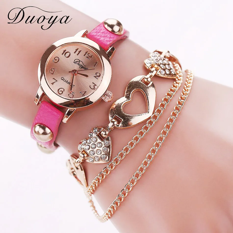 Brand New Duoya Watches Women Brand Gold Heart Luxury Leather Wristwatches Women Dress Bracelet Chain Bracelet Watch July15