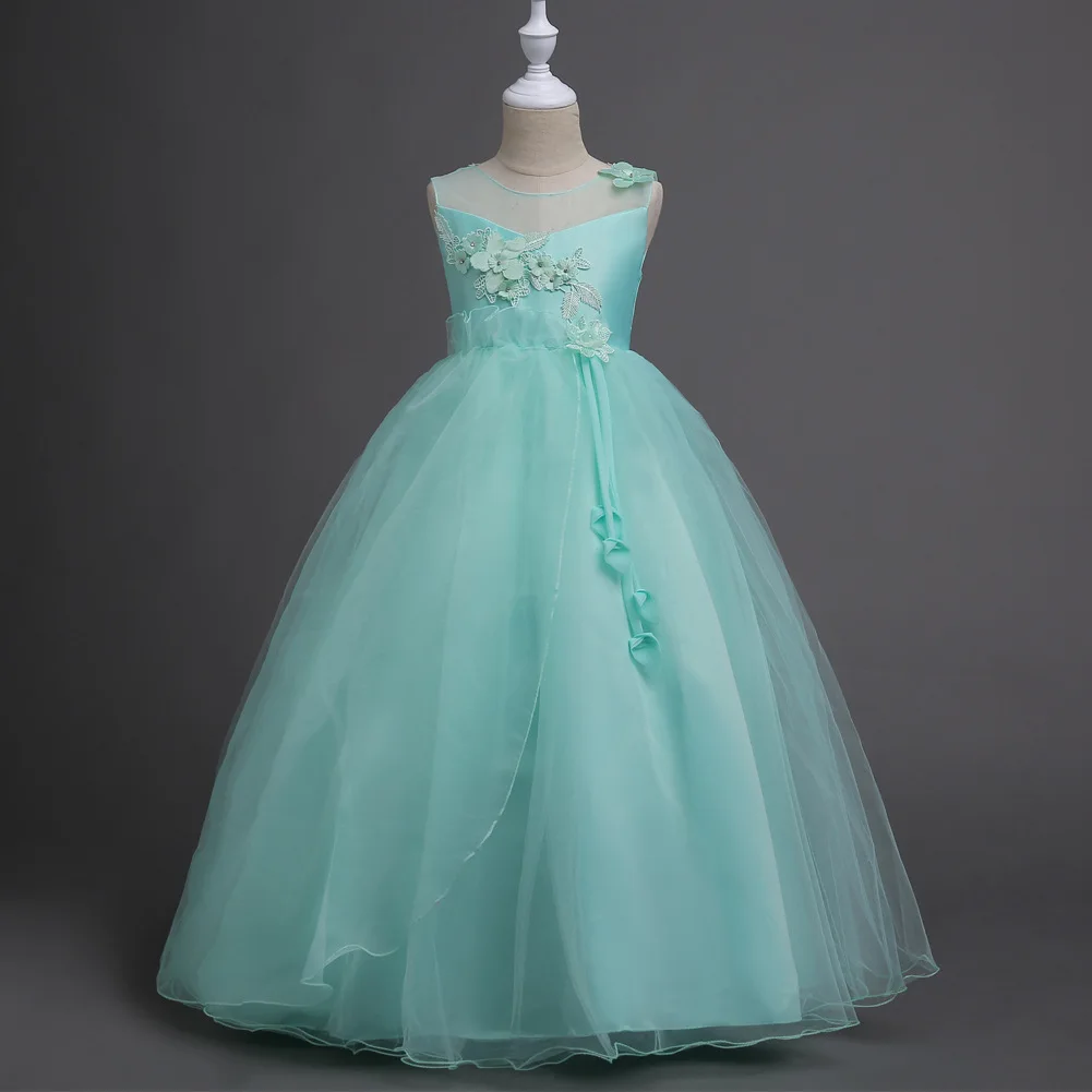 

Kids Fashion 2019 New Girls Elegant Princess Wedding Dress Appliques stitching long mopping Sleeveless Dress Children Clothing