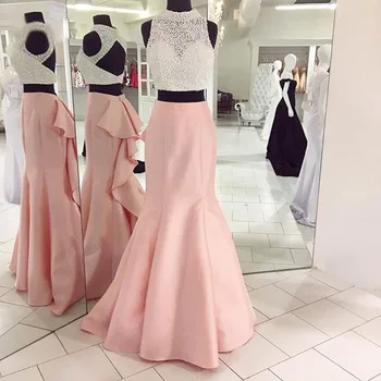 

Beautiful Two Piece Set Pearls Bodice High Neck Pink Satin Mermaid Prom Gown Open Back Wedding Party Dress Custom Made