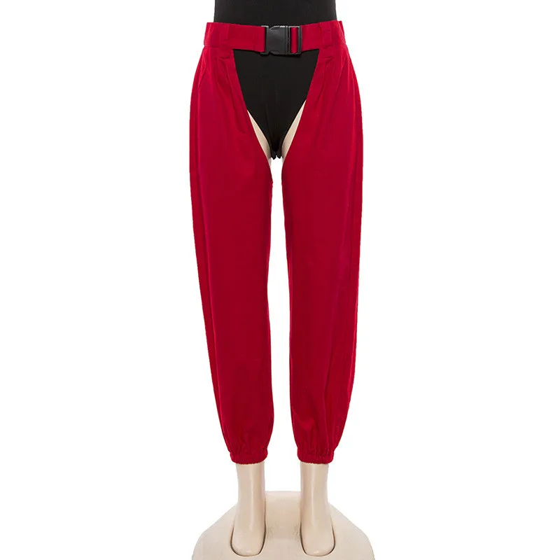 WKOUD женские красные брюки повседневные Клубные Открытые брюки-карго Брюки с высокой талией Pantalon Femme уличные сексуальные спортивные брюки P8490 - Цвет: Красный