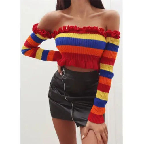 

Hot Stylish Sexy Autumn Off Shoulder Striped Blouse Shirt Women's Summer Ruffles Ladies Fashion Long Sleeve Tops Sweaters