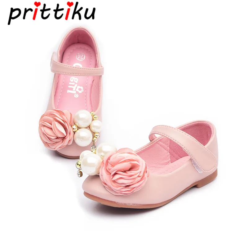 

Spring 2018 Baby Toddler Girls Princess Flats Little Kid Pink Fashion Mary Jane Big Children Bead Faux Pearl Flower Dress Shoes