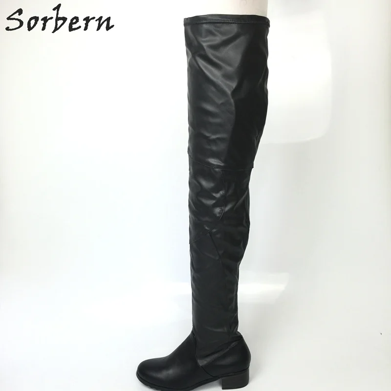 

Sorbern Black Sqaure Low Heel Thigh High Boots For Women Winter Style Warm Shoes Round Toe Motorcycle Ladies Shoes 2017