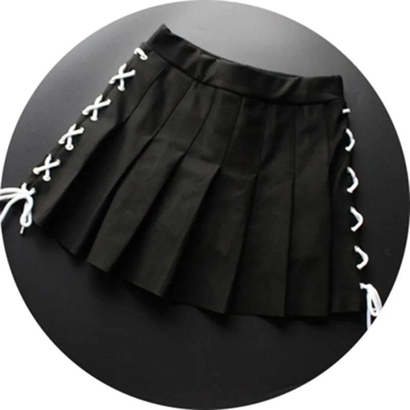 

Women's Cool Japanese Harajuku Punk Winter Lace-Up Pleated Skirt Empire Waist Lolita Mini Skirt Color Black