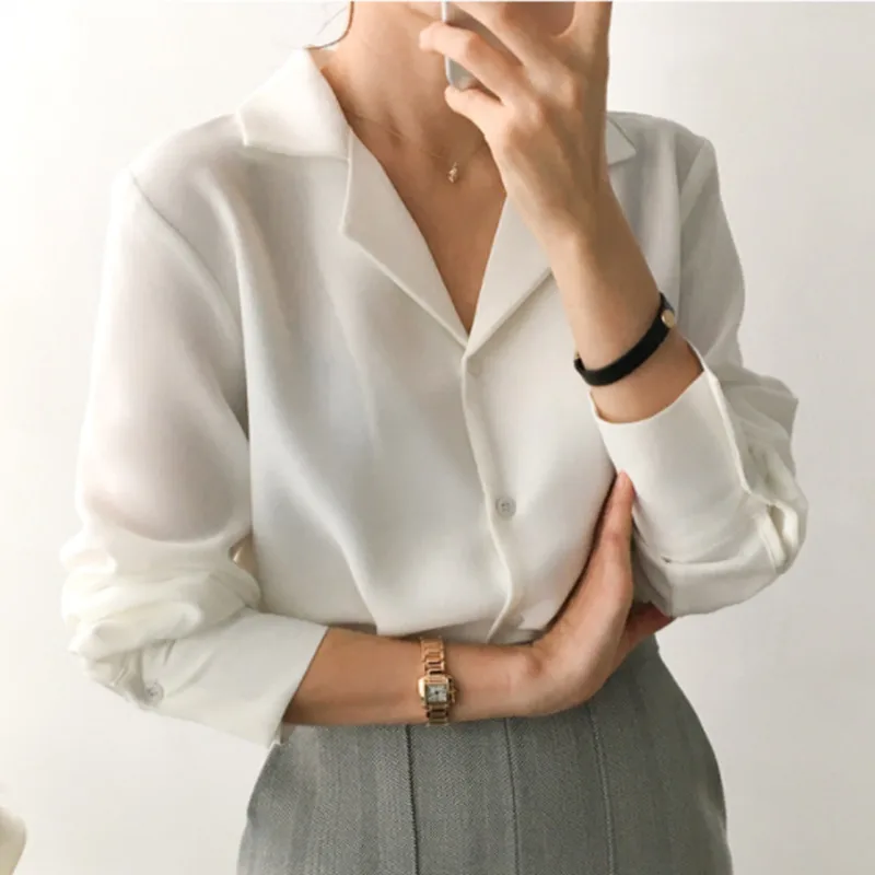 

Women Work Wear Office Blouses White Shirts Long Sleeve Formal V Neck Loose Tops Temperament Lady Design Classic Working Shirts