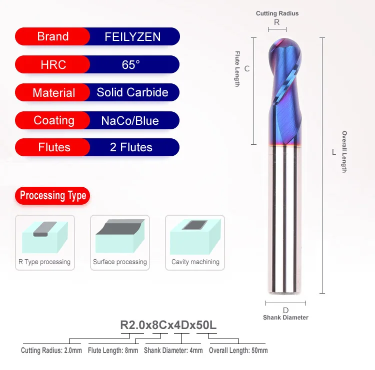 FEILYZEN HRC65 твердосплавная Нако/голубое покрытие Сферическая Концевая фреза 2 флейты Вольфрамовая сталь ЧПУ фреза