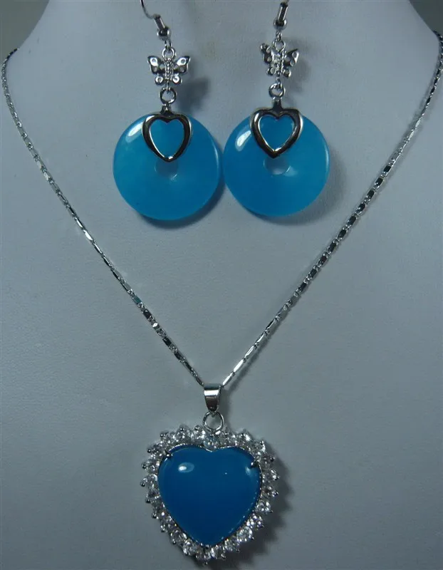 

2 choices wholesale nice blue jade dangle earring and heart gold/silver plated inlay pendant jewelry set 5.31