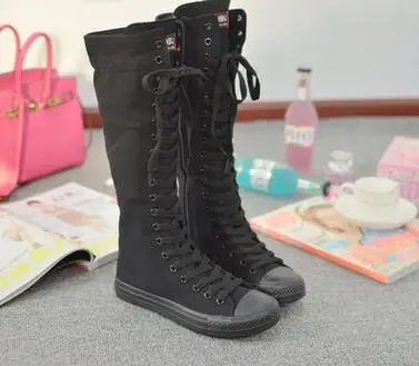 

2016 Boots black white color Knee High Casual shoes Ladies Tall Punk Womens Lace Up leisure shoes high women lovers boots