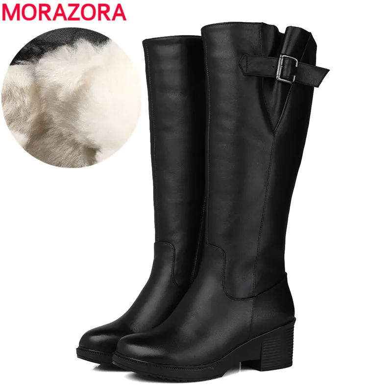Ceny MORAZORA rozmiar 35 43 nowy 2019 buty z prawdziwej skóry platformy buty z naturalnej wełny damskie zimowe buty do kolan moda śnieg buty
