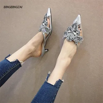 

BBZAI ladies shoes 5CM Thin Heels Rhinestone Pumps Four season Talon haut Femmes Comfort Flock Fashion Show Elegant 35-39