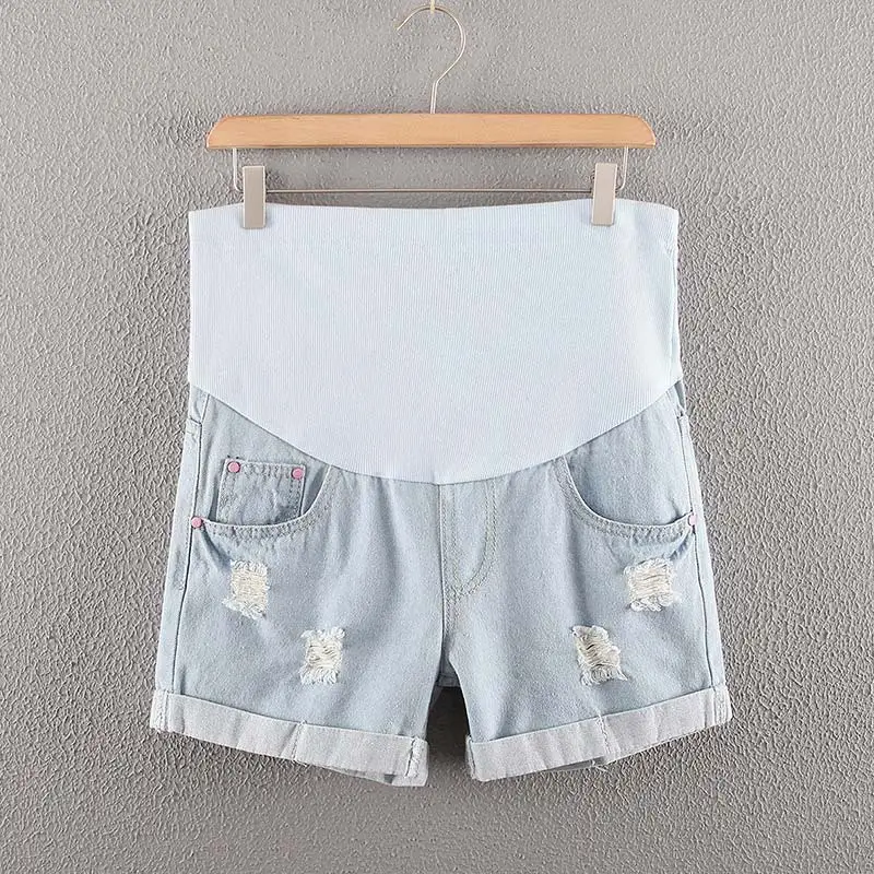 

Summer Pregnant Women Maternity Shorts Holes Jeans High Waist Pockets Denim Care Belly Pants NSV775