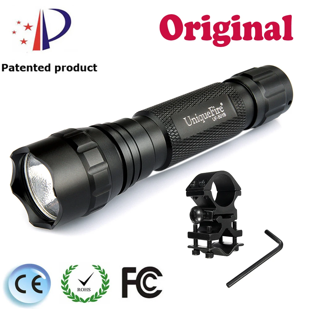 

Original Brand UniqueFire UF-501B XPE(Green/Red/White) Flashlight LED Rechargeable Waterproof Torch Lamp Light+QQ07 Barrel Mount