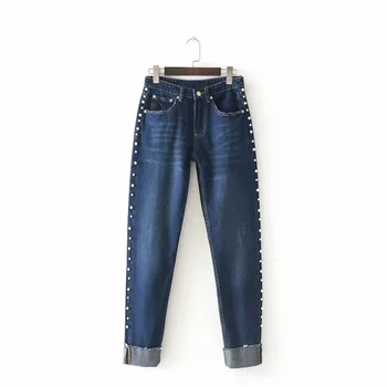 

Winter Streetwear Woman Pencil Jeans High Waist Side Pearls Fashion Blue Denim Pants