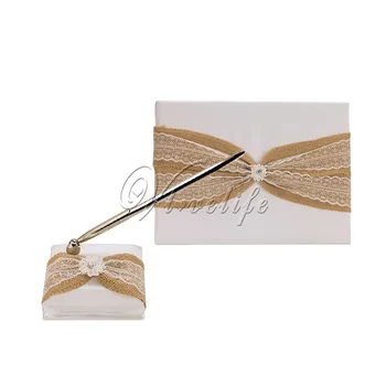 

2pcs/set Burlap Wedding Guest Book + Pen Set with Lace Ribbon Bowknot Pen Stand Guest Signature Book for Wedding Event Supplies